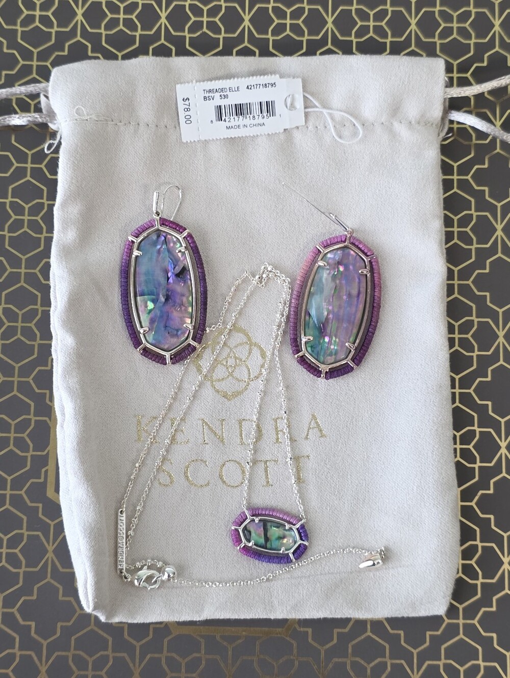 Kendra Scott Threaded Elle Silver Drop Earrings/ Elisa Neckace in Lilac Abalone